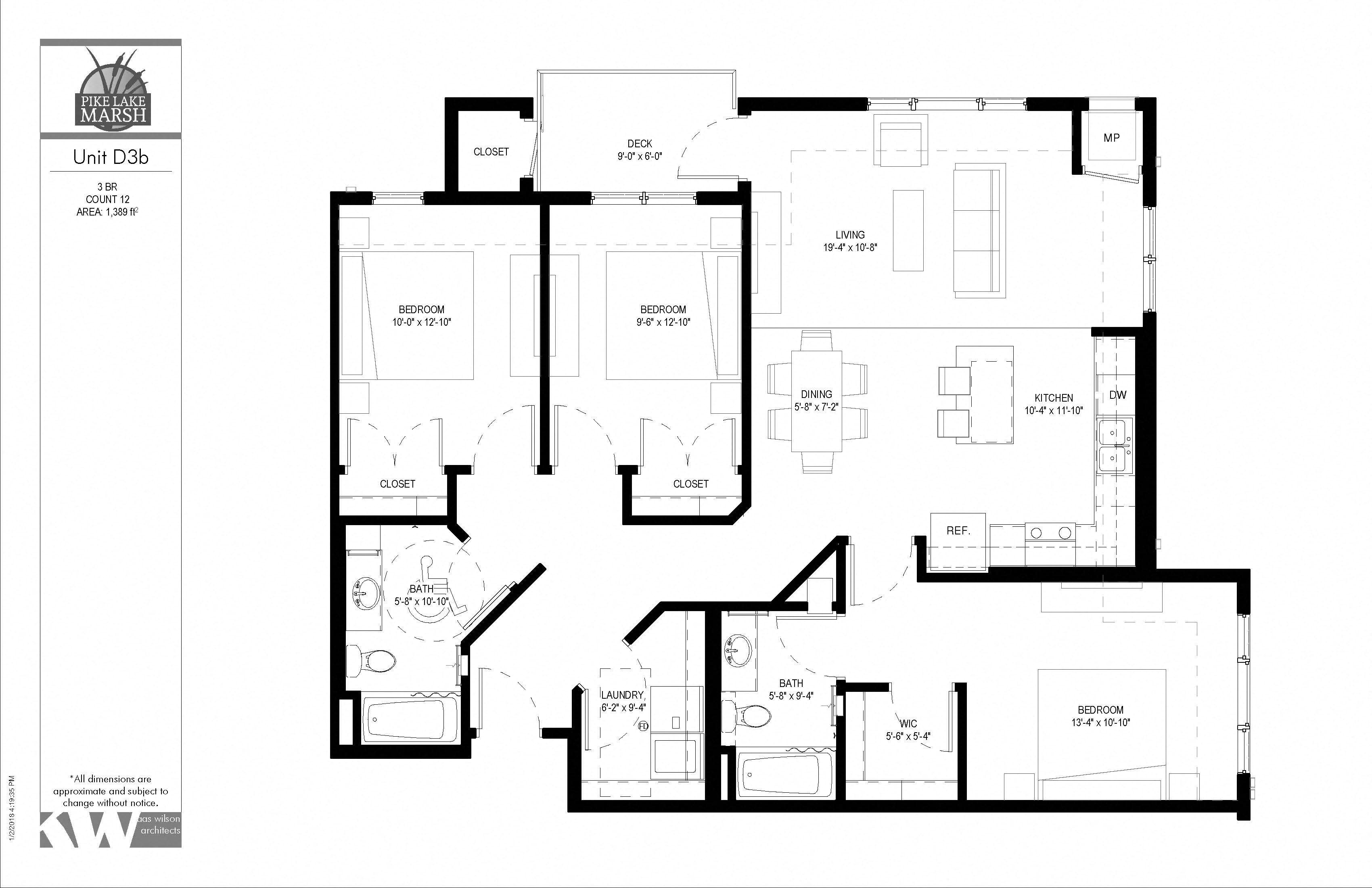 Floor plan for 3 beds, 2 baths, 1389 sqft